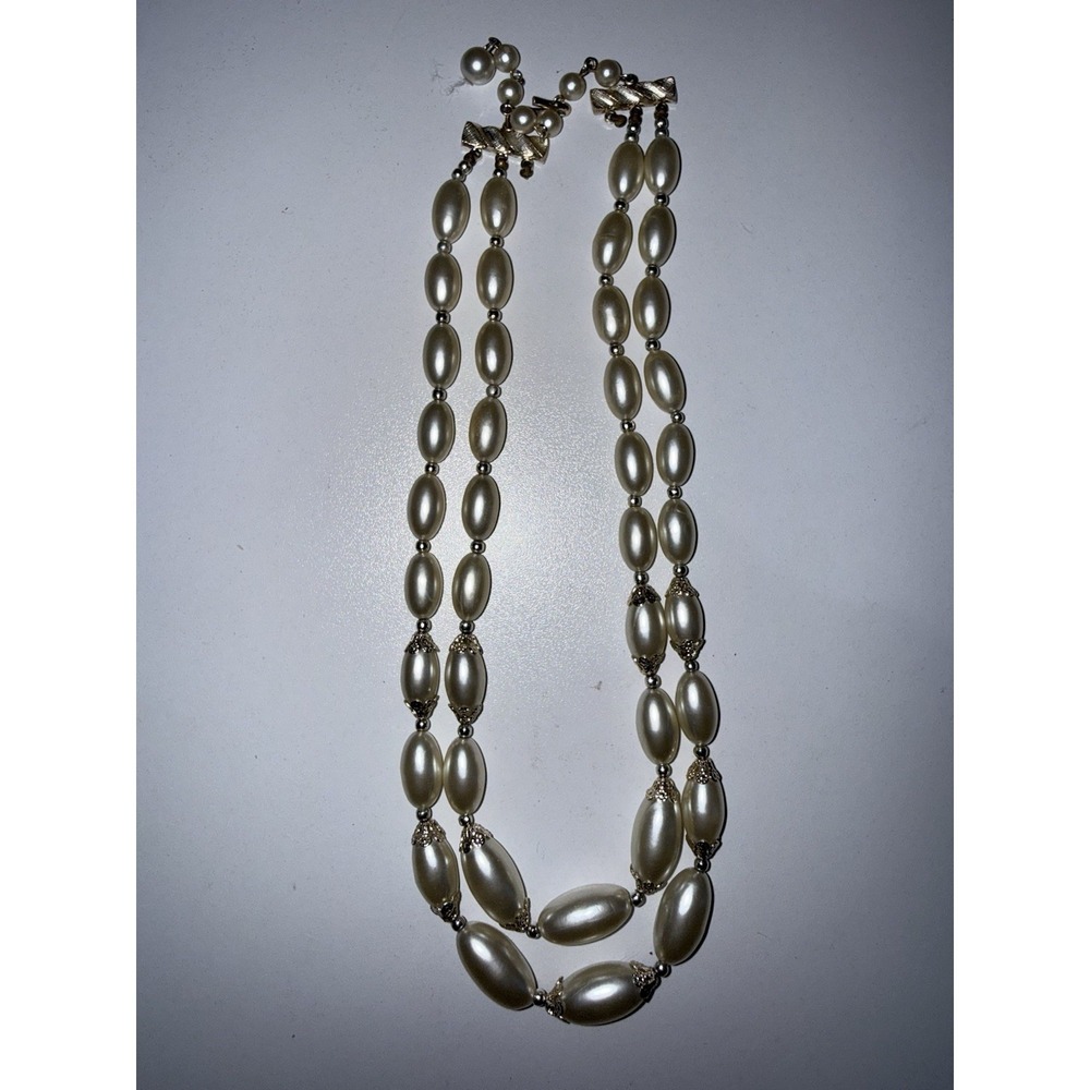 Vintage 2 Strand Faux Pearl‎ Rhinestone Necklace Japan READ